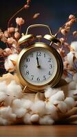 Set clocks back with a banner featuring clock and cotton arrangement Vertical Mobile Wallpaper AI Generated photo