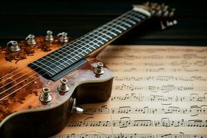 A top view unveils a guitar neck alongside a sheet of musical notation. AI Generated photo