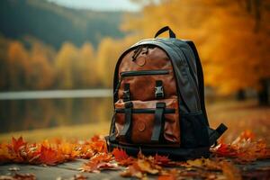 ai tecnología artesanía mochila y accesorios en contra un maravilloso otoño naturaleza fondo ai generado foto
