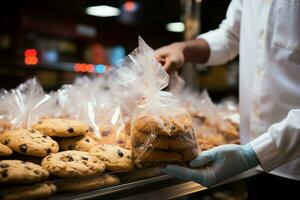 Detail shot Man neatly packaging cookies into a plastic grocery bag AI Generated photo