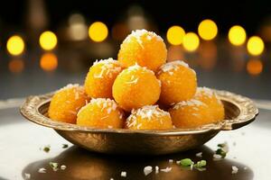 Flavorful orbs Motichoor laddu, a traditional delight, offering bites of sweet enchantment AI Generated photo