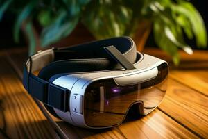 Digital harmony on wood VR glasses adorn the desk with technological elegance AI Generated photo