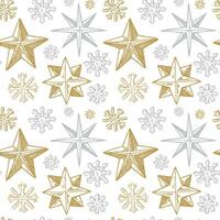 feliz navidad y feliz año nuevo de patrones sin fisuras con estrellas doradas dibujadas a mano y copos de nieve. fondo festivo. ilustración vectorial en estilo boceto vector