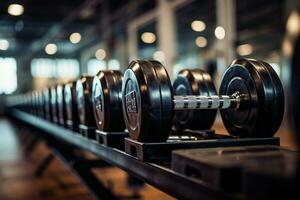 An array of dumbbells in precise rows, essential equipment in any gym AI Generated photo