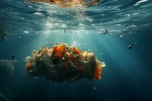 Environmental crisis Earth held in plastic bag amidst landfill trash  AI Generated photo