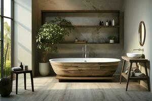 Elegant bathroom design with a 3D rendered wooden side table and bathtub AI Generated photo