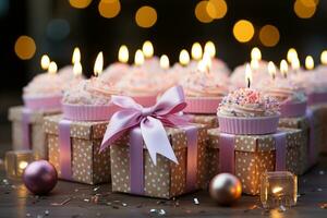 Candles aglow on cupcake, pink ribbonwrapped gift a joyous birthday scene AI Generated photo