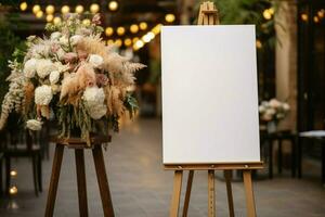 Waiting to hold memories empty white board on stand, an essential wedding element AI Generated photo