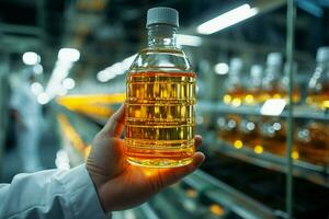 In a white coat, an employee holds an oil bottle near a conveyor AI Generated photo