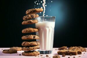 mojar chocolate galletas en un vaso de frío leche, un clásico indulgencia ai generado foto