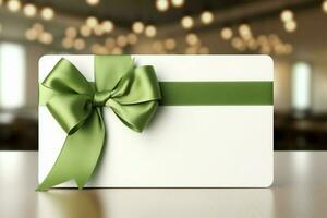 solitario blanco fondo vitrinas regalo tarjeta, presentando delicado verde cinta arco. ai generado foto