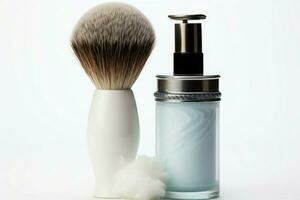 Shaving essentials Bottle of foam and brush on a clean white background AI Generated photo