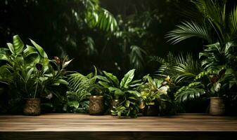 Realistic 3D oak wood table with tropical leaves for product overlay AI Generated photo