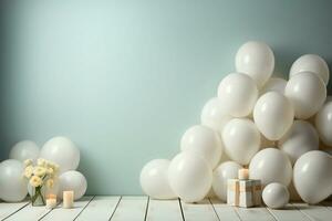 Balloon blur backdrop sets stage for versatile white table mockup product montage potential AI Generated photo