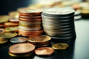 Array of euro coins stack in distinct poses, forming an intricate currency arrangement AI Generated photo