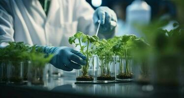 científicos estudiar verde plantas en el laboratorio, combinatorio naturaleza con biotecnología ai generado foto