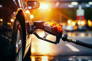 Gas station service fuel nozzle refuels car, filling it with essential gasoline AI Generated photo