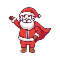 Vector cartoon illustration of cute funny Santa Claus as superhero, wearing cape, flying through the air with one arm stretched forward