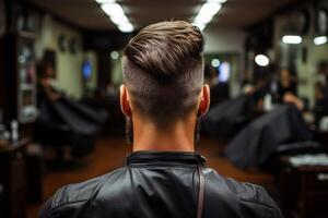 Barbers skill Rear view of males haircut, background artistically faded AI Generated photo