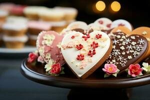 Delightful confections Heart shaped glazed cookies adorned with flower patterns on a wooden stand AI Generated photo