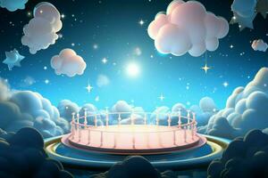 Cartoon podium against a celestial backdrop, adorned with 3D rendered clouds and stars AI Generated photo