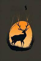 Silhouette of deer with horns amidst bushes at sunset. AI Generated. photo