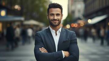 Confident young businessman on the street, arms crossed, smiling at the camera. Professional success photo