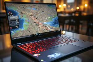 Digital navigation, laptop showing 3D map pointer indicating a specific location  AI Generated photo