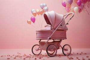 Celebrating the birth of a girl with a pink baby stroller AI Generated photo