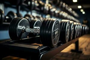 An array of dumbbells in precise rows, essential equipment in any gym AI Generated photo