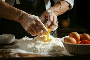 cocinero manos expertamente incorporando un huevo dentro un harina pila para Cocinando ai generado foto