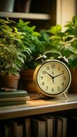 Vintage alarm clock and houseplant decorate rustic wooden tabletop Vertical Mobile Wallpaper AI Generated photo