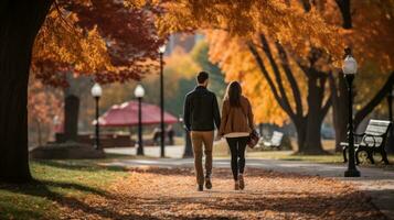 Couple walking in park with fall foliage photo