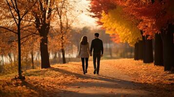Pareja caminando en parque con otoño follaje foto