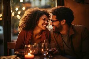 Laughing couple enjoying romantic dinner date photo