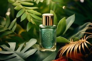 A green bottle of cosmetics on green tropical leaves photo