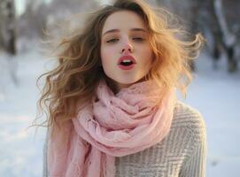 Beautiful woman in winter coat laughing photo