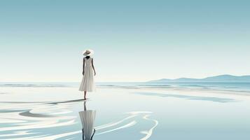 Minimalist seaside background with girl in fashion white wear photo