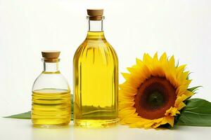 Isolated on white a radiant sunflower oil bottle beside a vibrant sunflower AI Generated photo