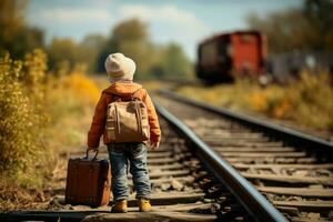 A small adventurer with a suitcase, embarking on a journey along the railroad AI Generated photo