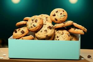 A paper box spills chocolate chip cookies on a tranquil turquoise background AI Generated photo