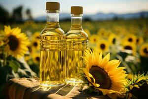 Nature's beauty captured with a sunflower oil bottle in a sunflower field AI Generated photo