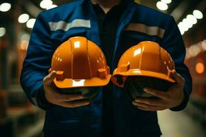 dos anónimo industrial trabajadores mostrado participación casco de seguridad proteccion cascos arriba cerca. ai generado foto