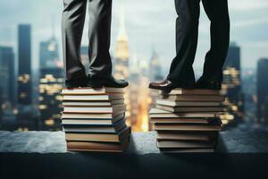 Close up of businessman and businesswomans feet on books, cityscape, success concept AI Generated photo