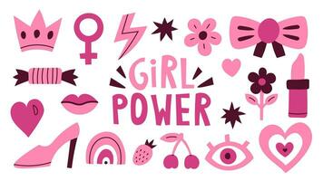 Girl power pink elements set vector