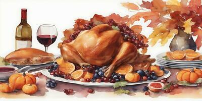 Watercolor thanksgiving dinner with beer bottle and turkey  generated by Ai photo