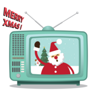 Santa Clause say Merry Xmas from vintage television flat design. Merry Christmas greeting card template. png