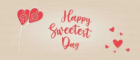 Banner with inscription Happy Sweet Day with doodle candies and hearts on wooden background. vector