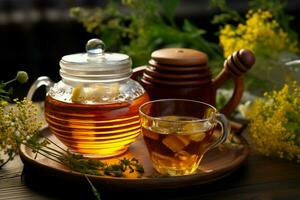 Diverse herbs grace tray teapot, floral tea, honey jar a fragrant, wholesome composition AI Generated photo