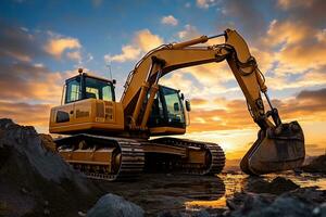 Sunset backdrop adds beauty to a paused yellow excavator, an awe-inspiring sight. AI Generated photo